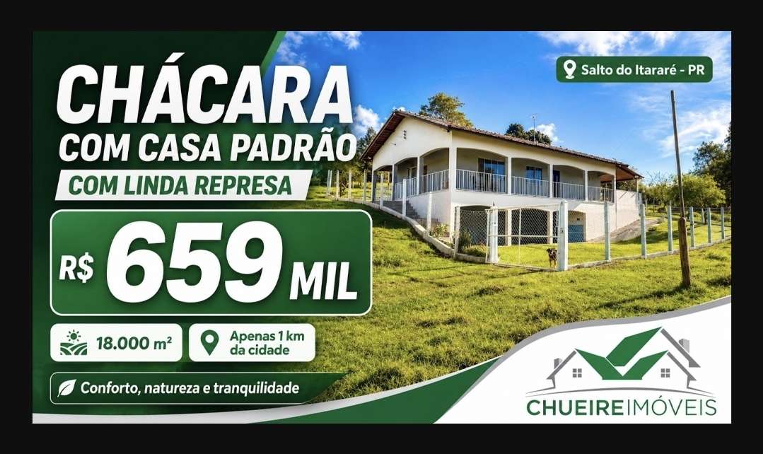 Chácara à venda em Salto do Itararé - PR — CHÁCARA COM CASA PADRÃO COM LINDA REPRESA - 18.000 m² - Salto do Itararé - PR R$659mil (REF #785)